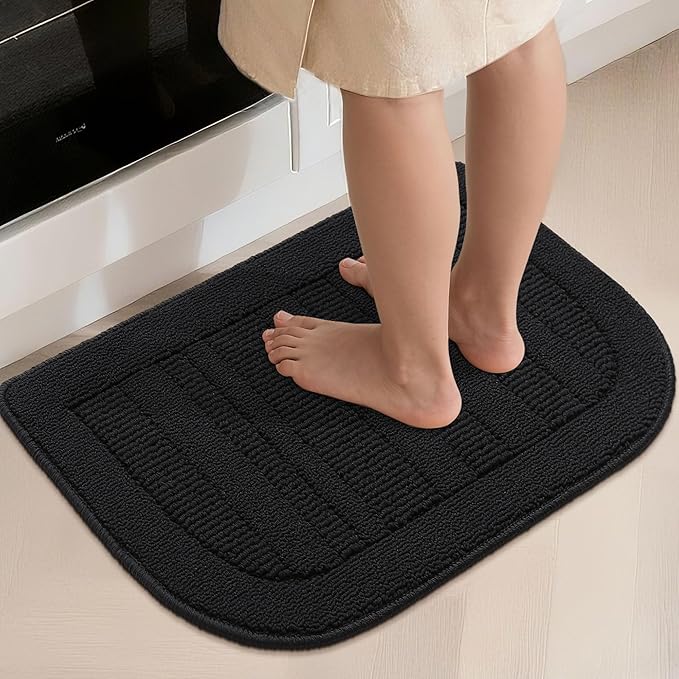 BEQHAUSE 30x18 Inch Kitchen Rug Mat Durable Kitchen Rugs Non-Slip Washable Absorbent Kitchen Mats for Floor Dirt-Resistant Semicircular Kitchen Mat (Black, 2PCS)