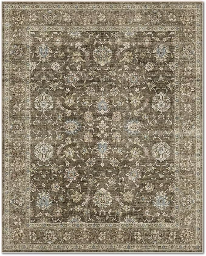 Washable 5x7 Area Rugs for Living Room, Boho Non-Slip Vintage Distress Rugs for Bedroom Dining Room Nursery Office, 0.3" Neutral Oriental Throw Thin Carpet with Cushioning Pad, Tan/Flaxen/Multi