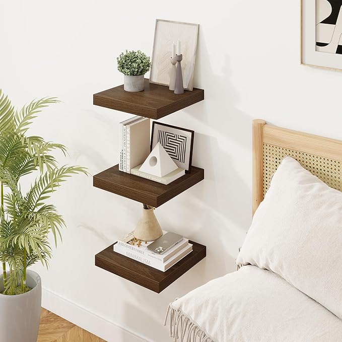 Square Floating Shelves for Wall, 11.5"W x 11.5"D x 1.25"H, 3 Pack Small Wall Mounted Engineered Wood Shelves with Invisible Brackets for Living Room, Bedroom, Bathroom, Kitchen Decor, Walnut