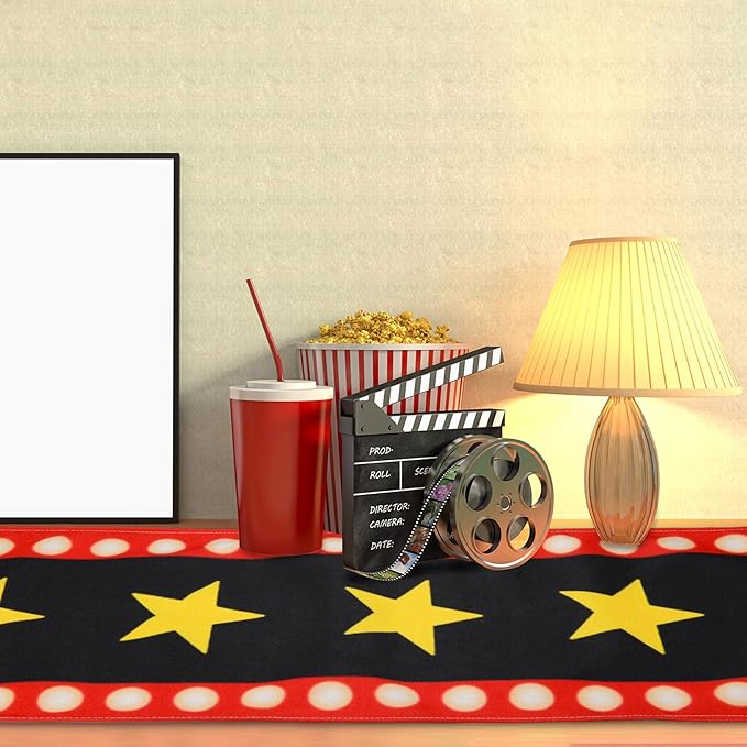 2 Pcs 13 x 72 Inch Movie Night Table Runner with Gold Star Design - Movie Night Black Carpet Decoration for Birthday Party Supplies (Black)