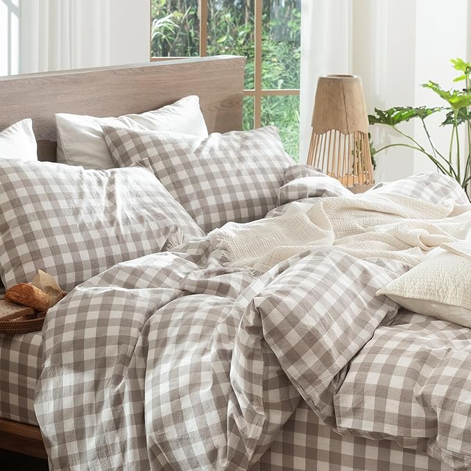 MooMee Gingham Duvet Cover Set 100% Washed Cotton Linen Like Textured Breathable Durable Soft Comfy Modern Checkered Design (Buffalo Plaid Tannish Linen Grey, Full 80"x90")