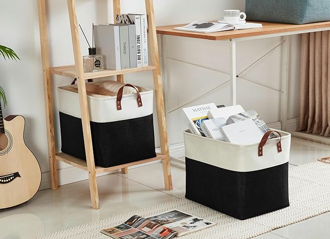 DECOMOMO Large Fabric Storage Baskets - Linen Closet Storage Bins with Handles for Laundry, Clothes, Home, Office (Black & White, XXL - 3 Pack)
