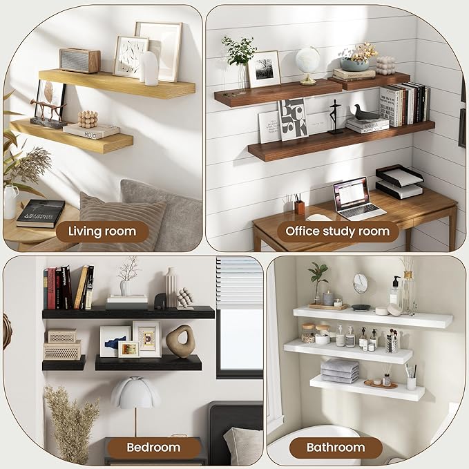 36 Inch Floating Shelves for Wall, 8 Inch Deep Floating Shelf for Storage & Display, Rustic Wall Mounted Shelf with Invisible Brackets for Living Room, Kitchen, Bathroom, Home Decor, Set of 2, White