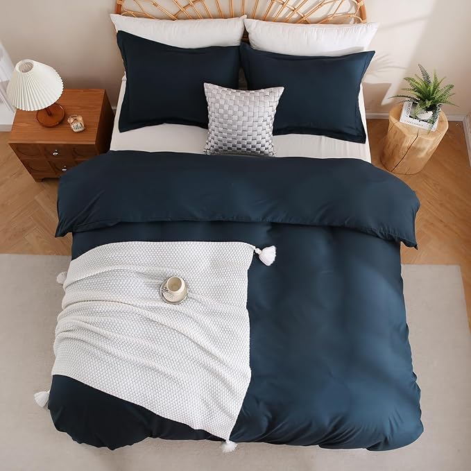 JSD Navy Blue Duvet Cover Set Queen Size, 3 Piece Duvet Cover with Pillow Shams, Soft Brushed Microfiber Zipper Closure, Comforter Not Included