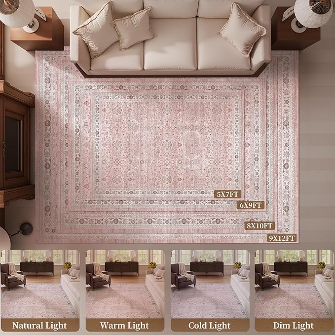 MontVoo-Vintage Area Rug 6X9 Pink Rugs for Living Room-Soft Distressed Printed Rugs for Bedroom-Non Slip Carpet-Machine Washable Rug for Dining Room Living Room Bedside Office