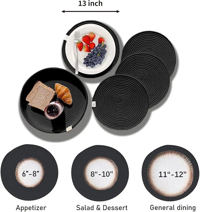 Art PineCone's Woven Cotton Rope Round Placemats Set of 4 with Holder Included, Non-Slip, and Heat Resistant Shabby Chic Placemats (Black, 13 inch)