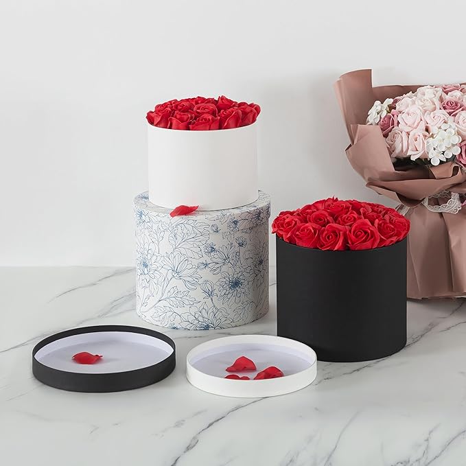 Soul & Lane Gift Boxes with Lids – Set of 3 Circular Boxes for Flowers, Bouquets & Arrangements, Black Cardboard Cylinder Gift Box Set for Roses, Décor and Special Presentations, Paper Mache Design