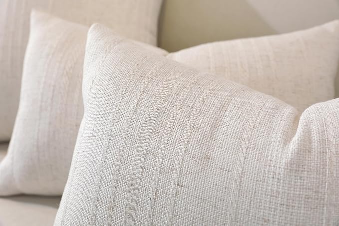 QDTTSRY Natural Linen Throw Pillow Covers Set of 2-18x18 Inch Rustic Striped Farmhouse Decor Pillowcase, Breathable & Soft Neutral Beige Linen Cushion Covers for Couch Sofa Bedroom Living Room