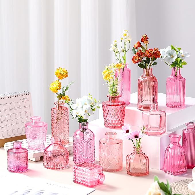 Yaomiao 30 Pcs Vases Bulk Colored Flower Glass Bud Vases Valentine Vintage Colored Glass Bottles Colorful Rustic Embossed for Home Wedding Table Decorations Gifts(Pink Series)