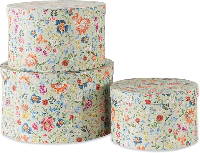Soul & Lane Botanica Bliss Green Round Hat Boxes with Lids - Set of 3 Nesting Cardboard Hat Storage, Boho Floral Print Cases, Circle Stacking Decorative Keepsake Boxes