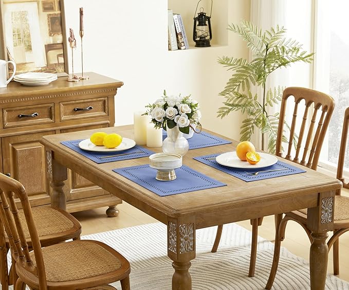 Burlap Placemats Set of 6, 12 x 18 Inch Rustic Geometric Hollow Place Mats, Heat Resistant Placemats for Farmhouse Kitchen Table Decor, Blue 6PCS