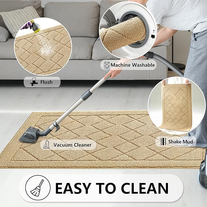 REFETONE Indoor Doormat, Front Back Door Mat 20"x32" Rubber Backing Non Slip Mats, Absorbent Washable Entrance Doormat for Entryway, Resist Dirt Low-Profile Inside Floor Mat for Muddy Shoes, Beige
