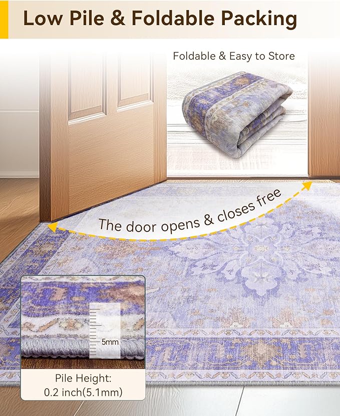 RELEANY Area Rugs 2'x6' Washable Non-Slip, Floral Vintage Distress Print Pattern Medallion Carpet for Living Room Bedroom Dining Room, Light Purple Brown