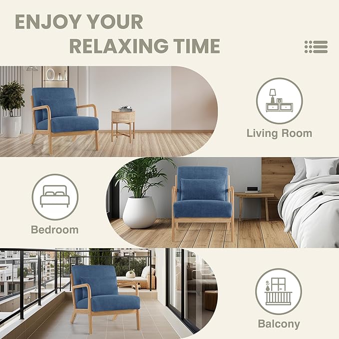 Aunekiv Accent Chair with Pillow Upholstered Mid-Century Chair Living Room Chair for Small Space Solid Wood Frame Reading Chair with Soft and Thick Cushion Armchair for Bedroom Balcony Blue 1PC