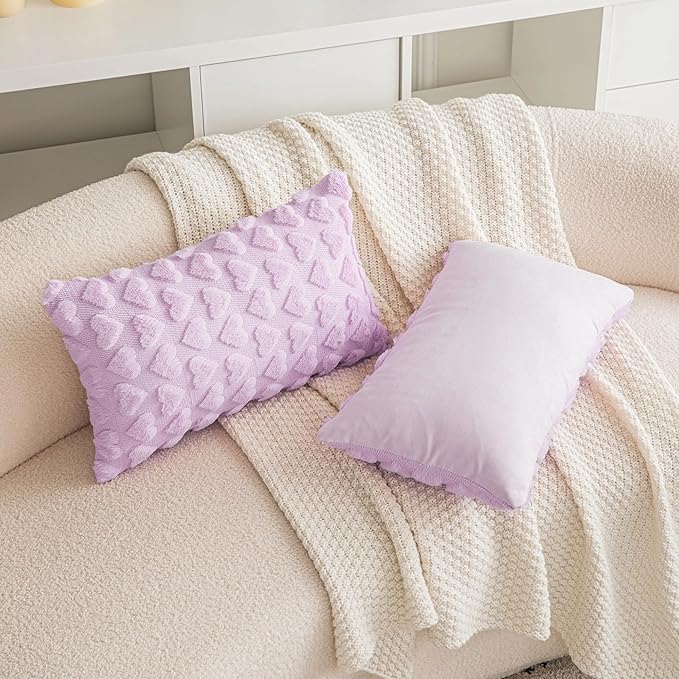 AQOTHES Set of 2 Heart Love Cute Purple Decorative Valentines Throw Pillow Covers 12x20, Soft Plush Faux Fur Pillow Covers for Couch Sofa Home Valentines Day Decoration
