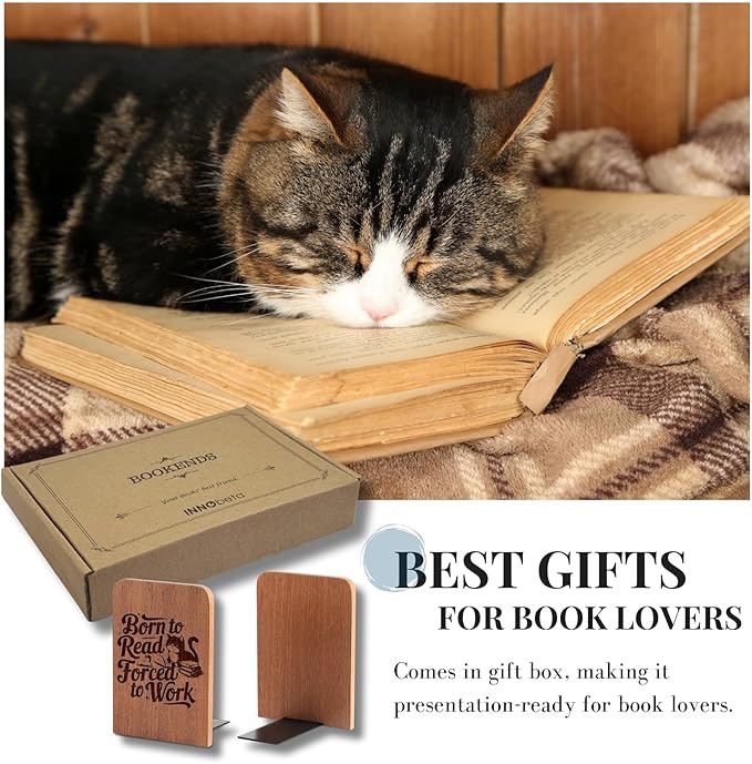 Book Lovers Gifts, Novelty Bookends Unique, Gifts for Book Lovers, Heavy Duty Wooden Book Ends for Shelves Decorative(1 Pair, 4.72x6.69 Inches) - Born to Read