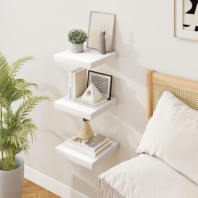 Square Floating Shelves for Wall, 11.5"W x 11.5"D x 1.25"H, 3 Pack Small Wall Mounted Engineered Wood Shelves with Invisible Brackets for Living Room, Bedroom, Bathroom, Kitchen Decor, White