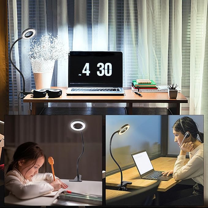Desk Clip on Lamp for Reading Home Office, with 5V 2A Adapter, 10 Dimmable Brightness 3 Modes, Clamp Reading Light for Bed Headboard, Craft (Black)…