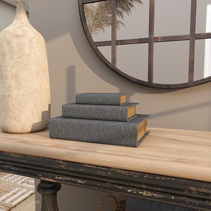Deco 79 Linen Fabric Decorative Box Faux Storage Book Book Shaped Boxes, Set of 3 Decorative Keepsake Boxes 12", 9", 6"H, Light Gray