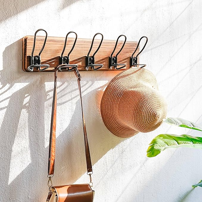 Dseap Coat Rack Wall Mounted - Heavy Duty Farmhouse Rustic Wall Coat Hanger With 5 Wire Hooks for Clothes Hat Jacket Towel, RusticWire, G25A, Rustic Brown & Black