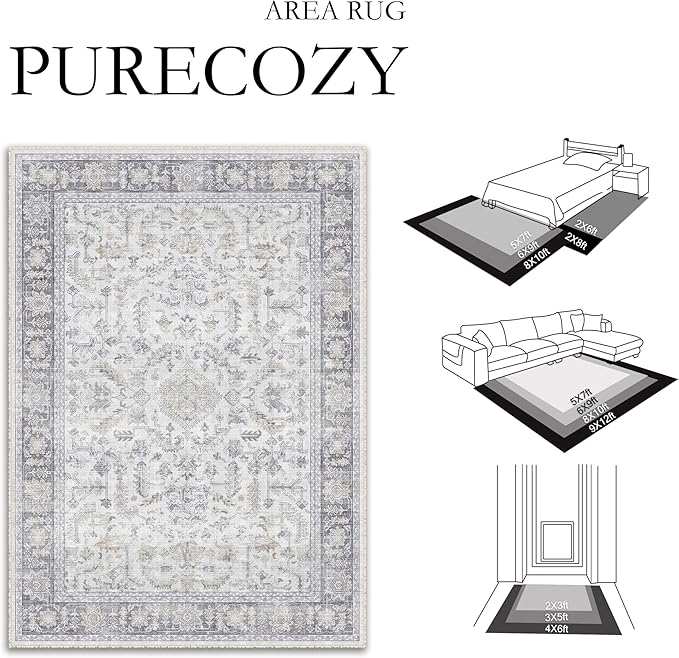 PureCozy 2x3 Grey Entryway Rug Vintage Area Carpet Indoor Kitchen Washable Door Mat Entrance Small Low Pile Traditional Distressed Retro Accent Throw Boho Rug Non Slip Office Bathroom