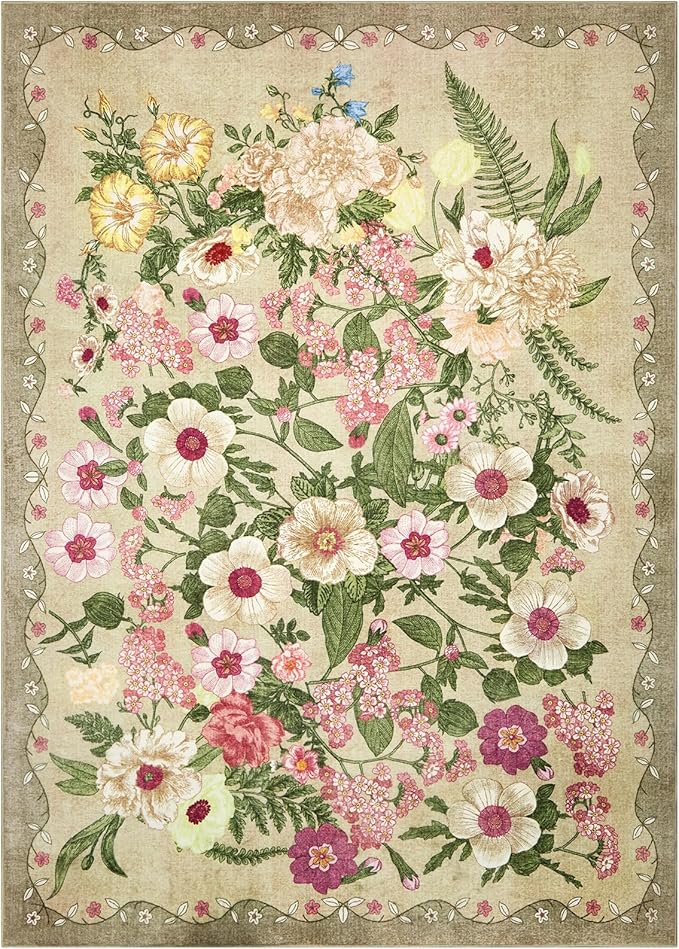 AREAMAY Floral Washable 5x7 Area Rugs - Living Room Rug Non Slip Low Pile Stain Resistant Carpets Indoor Vintage Flower Print Rug for Bedroom Dining Room Kitchen Home Office, Brown