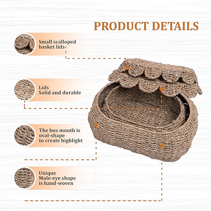 Set of 2 Hand Round Wicker Storage Baskets, Rattan Basket Decorative Boxes, Woven Storage Box Seagrass Baskets with Lids, Scalloped Edge Wicker Basket with Lid