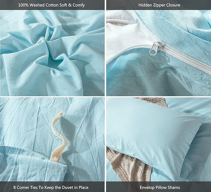 MooMee Bedding Duvet Cover Set 100% Washed Cotton Linen Like Textured Breathable Durable Soft Comfy (Heathered Light Blue, Queen 90"x90")