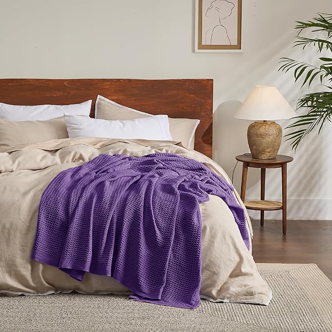Bedsure Gentlesoft 100% Cotton Large Throw Blanket for Couch 50x70 inches - Breathable and Soft for Spring Summer, Waffle Weave Throw Blanket for Office, Purple