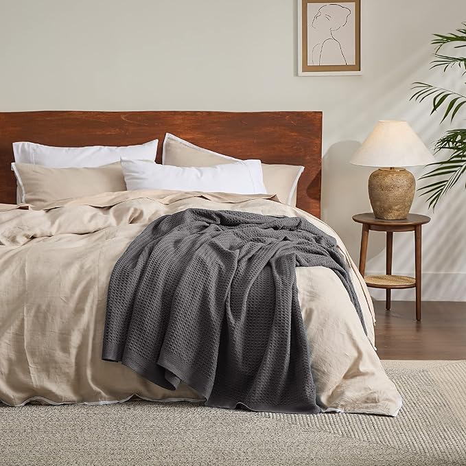 Bedsure Gentlesoft 100% Cotton Large Throw Blanket for Couch 50x70 inches - Breathable and Soft, Waffle Weave Throw Blanket for Office, Dark Grey