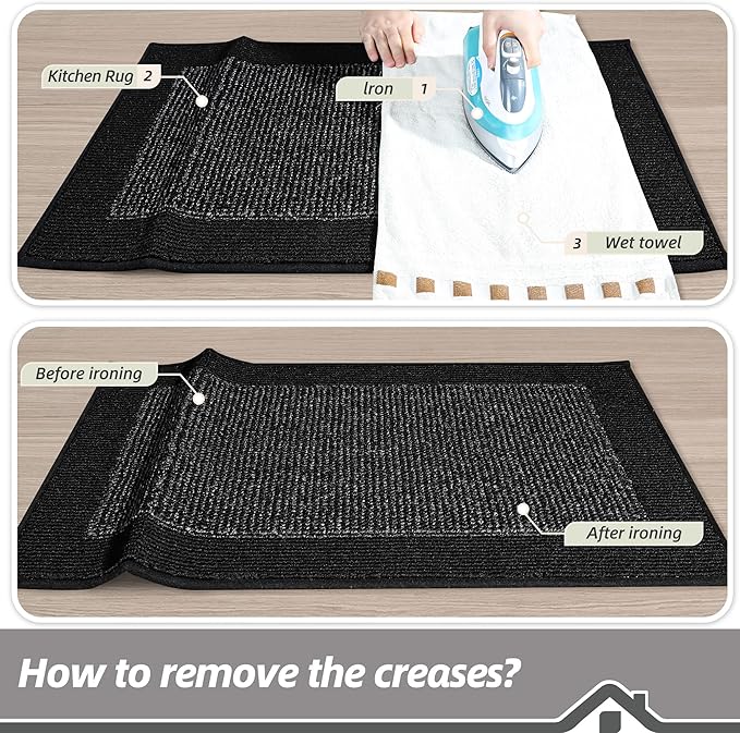 BEQHAUSE Kitchen Rugs and Mats Set of 2 Non-Slip Kitchen Mats for Floor, Absorbent and Stain Resistant Kitchen Runner, Machine Washable Rugs for Kitchen, Laundry & Sink, 20"x32"+20"x48", Black