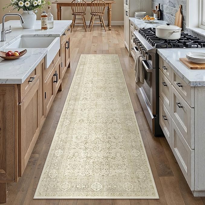 PureCozy Beige Runner Rug 2x8 Vintage Area Carpet Hallway Long Indoor Kitchen Washable Living Room Low Pile Traditional Distressed Retro Accent Throw Rug Non Slip Laundry Bathroom Office