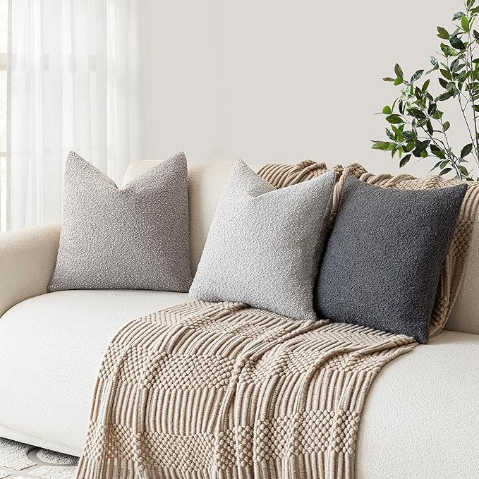 Foindtower Decorative Textured Boucle Throw Pillow Covers Accent Solid Pillow Cases Neutral Soft Cozy Couch Cushion Case for Chair Sofa Bedroom Living Room Home Decor 26 x 26 Inch,Neutral Grey