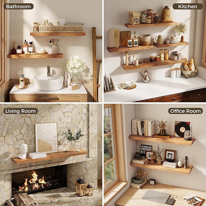 24 Inch Floating Shelves for Wall, 8"D High End Solid Hardwood Shelves for Decor Storage, Rustic Wall Shelves with Invisible Heavy Duty Brackets for Living Room, Kitchen, Bathroom, Natural, 2 Pack