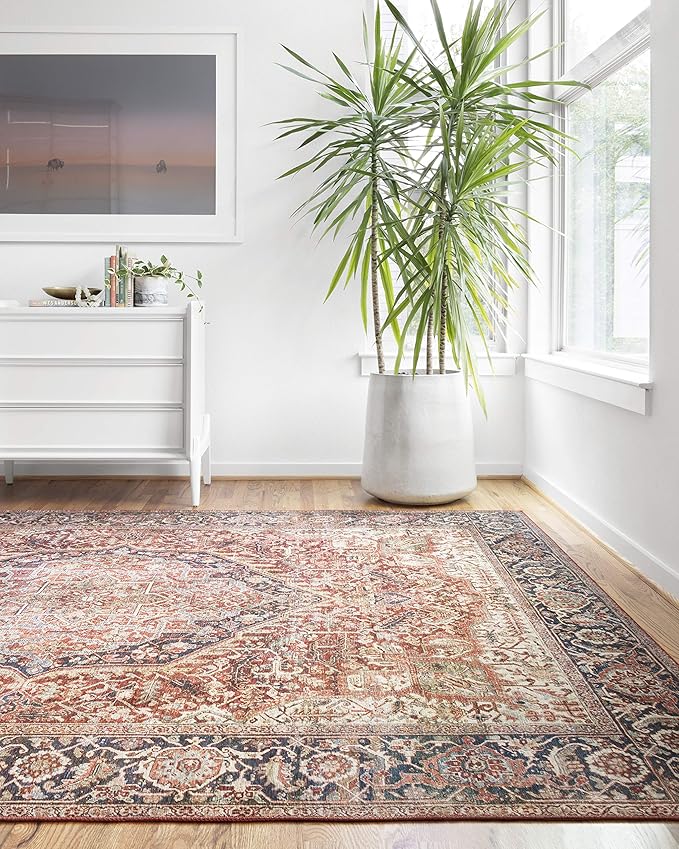 Loloi Layla Collection LAY-08 Red/Navy 2'-6" x 9'-6" .13" Thick Runner Rug, Soft, Durable, Vintage Inspired, Distressed, Low Pile, Non-Shedding, Easy Clean, Printed, Living Room Rug