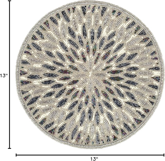 Beaded Charger 13" Round Floral Marigold - Silver Dark Grey Placemat for Dining Table, Holiday & Christmas