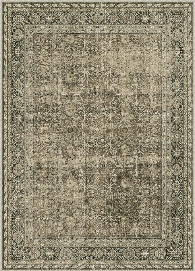 PureCozy Light Brown Area Rug 6x9 Vintage Washable Indoor Door Mat Living Room Carpet Tribal Distressed Retro Accent Throw Rug for Office Dining Room Bathroom Faux Wool