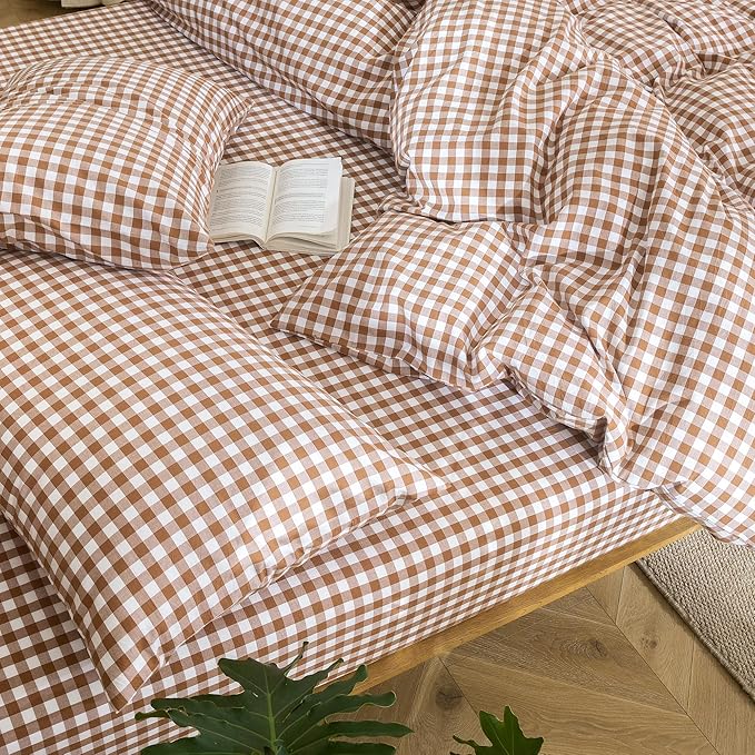 MooMee Gingham Duvet Cover Set 100% Washed Cotton Linen Like Textured Breathable Durable Soft Comfy Modern Checkered Design (Dark Orange Gingham, Super Queen 90"x98")