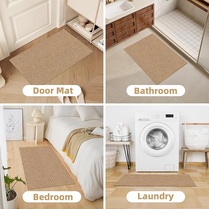 StepAura Indoor Ultra Thin Door Mat 32"x48", Low Profile Non Slip Rubber Backing Front Door Mat Indoor Entrance, Beige