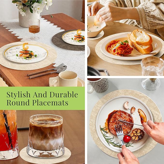 13-Inch Faux Leather Round Placemats Set of 8, Waterproof Anti-Slip Dual Sided Place mats, Heat Resistant Washable Table Mats with Coaster, Suitable for Indoor & Outdoor (8, Beige Dark Coffee)