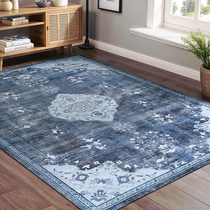 Beverly Rug Non Slip Rugs 6x9 Boho Medallion Floral Non Skid Rubber Backing Easy Silk Soft Area Rug for Living Room Easy to Clean Non Shedding Kitchen Bedroom Indoor Carpet (6 x 9 Blue - Gray)
