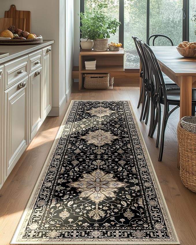 RELEANY Area Rugs 2'x6' Washable Non-Slip, Floral Vintage Distress Print Pattern Medallion Carpet for Living Room Bedroom Dining Room, Black Brown Neutral Dark Tan
