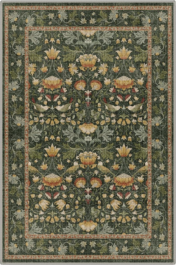 Bavni Boho 2x3 Washable Entryway Rug, Botanical Vintage Bird Door Mat Non Slip, Low Pile Soft Thin Olive Green Carpet Stain Resistant, Small Floral Area Rugs for Bedroom, Bathroom, Laundry, Kitchen