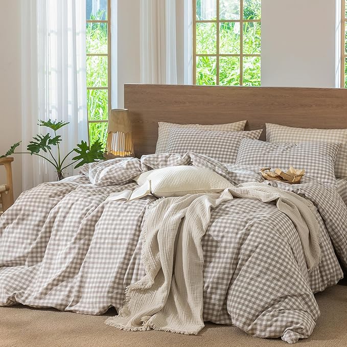 MooMee Gingham Duvet Cover Set 100% Washed Cotton Linen Like Textured Breathable Durable Soft Comfy Modern Checkered Design (Tannish Linen Grey Gingham, Super Queen 90"x98")