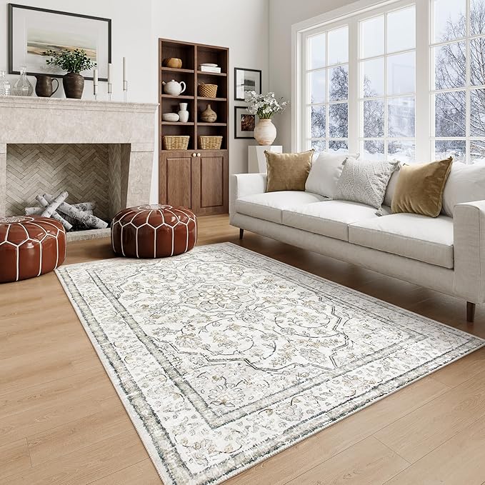 Lahome Beige Area Rug 5x7 Non Slip Washable Oriental Traditional Distressed Rugs for Bedroom Soft Low Pile Neutral Modern Farmhouse Decor Vintage Living Room Indoor Floor Accent Carpet