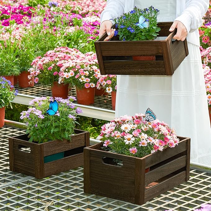 ELONG HOME 3 Pack Nesting Wooden Crates, Rustic Wood Basket with Handles, Decorative Farmhouse Wooden Storage Boxes