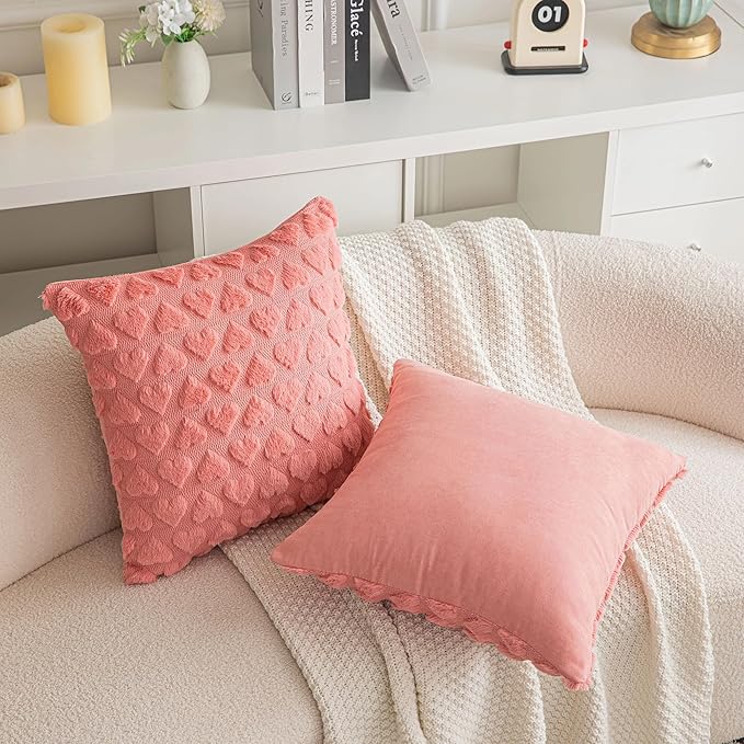 AQOTHES Set of 2 Heart Love Cute Coral Red Decorative Valentines Throw Pillow Covers 20x20, Soft Plush Faux Fur Pillow Covers for Couch Sofa Home Valentines Day Decoration