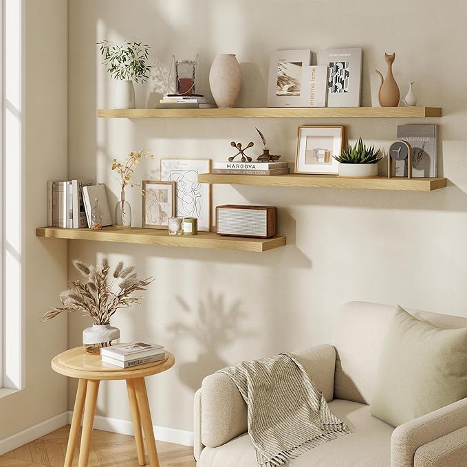 48"W x 9.3"D Floating Shelves for Wall, Wall Mounted Bathroom Shelves 1 Pack Deep Floating Shelf for Bedroom Kitchen Living Room, Rustic Wooden Wall Shelf with Invisible Bracket for Books Decor