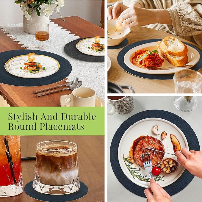 13-Inch Faux Leather Round Placemats Set of 8, Waterproof Anti-Slip Dual Sided Place mats, Heat Resistant Washable Table Mats with Coaster, Suitable for Indoor & Outdoor (8, Black Navy Blue)