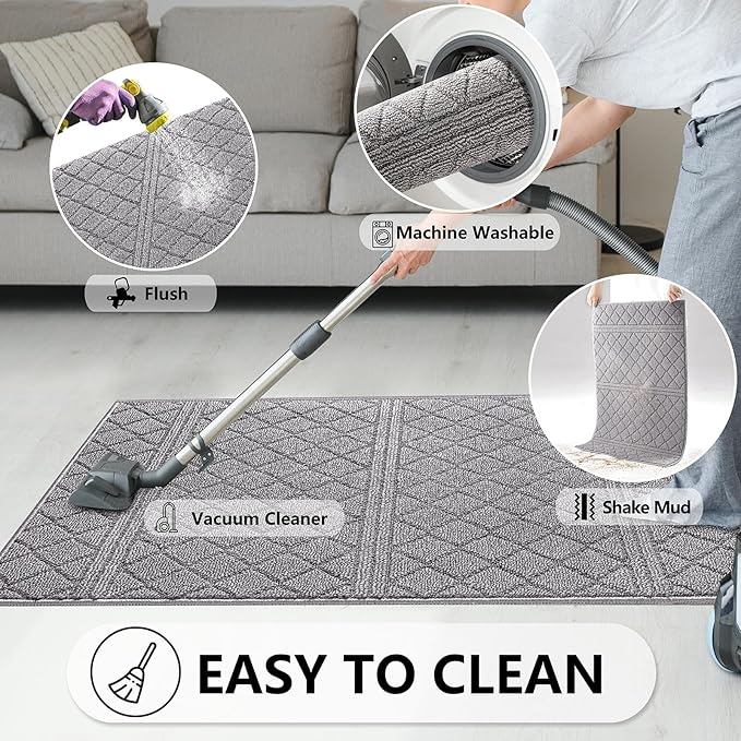 REFETONE Indoor Doormat, Front Back Door Mat 24"x36" Absorbent Rubber Backing Non Slip Door Mats, Low-Profile Resist Dirt Rugs, Machine Washable Door Rug Inside Floor Mat for Entryway, Light Grey